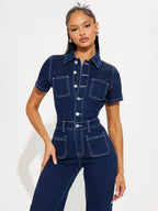 Contrast Stitch Denim Jumpsuit For Women - Dark Blue Washed Retro Short Sleeve Wide Leg Romper - Spring Casual Streetwear 2026