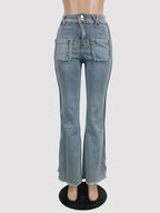 Braided Detail Patch Pocket Flare Jeans For Women - Light Blue Retro Boho High Waisted Bell Bottoms - Spring Vacation 2026
