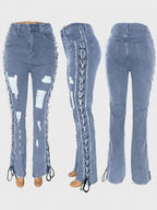 Side Lace Up Ripped Flare Jeans For Women - Medium Wash Sexy Hollow Out Bootcut Denim - Spring Streetwear 2026