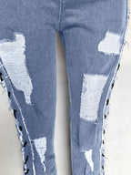 Side Lace Up Ripped Flare Jeans For Women - Medium Wash Sexy Hollow Out Bootcut Denim - Spring Streetwear 2026