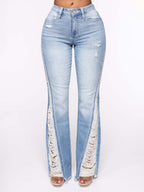 Side Frayed Distressed Flare Jeans For Women - Light Blue Washed Sexy Bootcut Denim - Spring Party Clubwear 2026