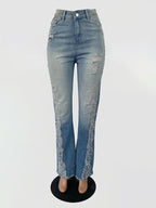 Side Frayed Distressed Flare Jeans For Women - Light Blue Washed Sexy Bootcut Denim - Spring Party Clubwear 2026