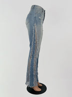 Side Frayed Distressed Flare Jeans For Women - Light Blue Washed Sexy Bootcut Denim - Spring Party Clubwear 2026