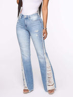 Side Frayed Distressed Flare Jeans For Women - Light Blue Washed Sexy Bootcut Denim - Spring Party Clubwear 2026