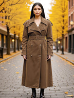 Faux Suede Trench Coat For Women - Retro Double Breasted Belted Maxi Jacket - Spring Commuter Style 2026