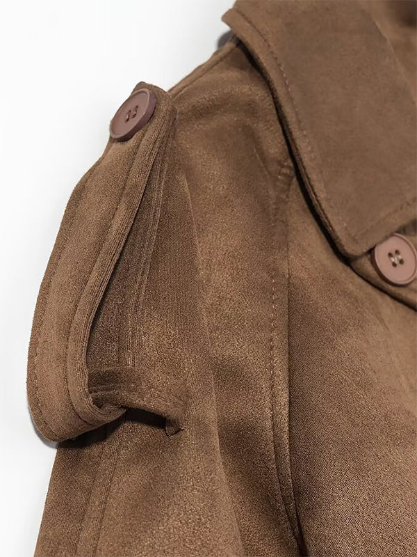 Faux Suede Trench Coat For Women - Retro Double Breasted Belted Maxi Jacket - Spring Commuter Style 2026