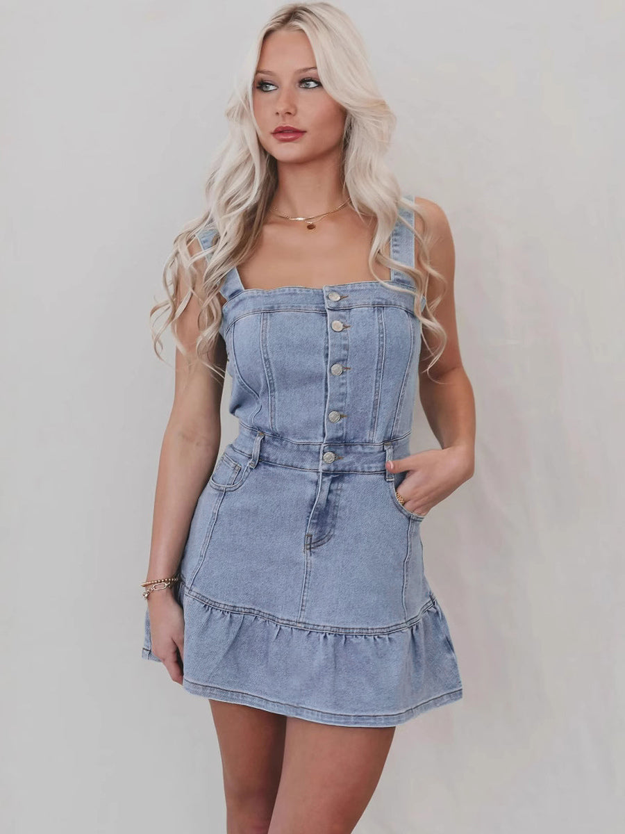 Ruffle Hem Denim Dress For Women - Light Blue Sweet Y2K Button Up Mini Dress - Summer Beach Festival Party Outfit 2026