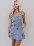 Ruffle Hem Denim Dress For Women - Light Blue Sweet Y2K Button Up Mini Dress - Summer Beach Festival Party Outfit 2026