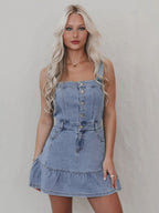 Ruffle Hem Denim Dress For Women - Light Blue Sweet Y2K Button Up Mini Dress - Summer Beach Festival Party Outfit 2026