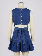 Sleeveless Pleated Denim Mini Dress For Women - Sexy Backless Tie Cutout Slim Fit - Summer Beach Streetwear 2026