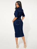 Washed Bodycon Denim Midi Dress For Women - Blue Fitted Button Front Pencil Dress - Spring Casual Streetwear 2026