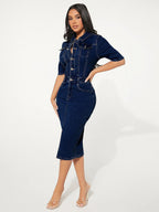Washed Bodycon Denim Midi Dress For Women - Blue Fitted Button Front Pencil Dress - Spring Casual Streetwear 2026