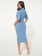 Washed Bodycon Denim Midi Dress For Women - Blue Fitted Button Front Pencil Dress - Spring Casual Streetwear 2026