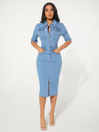 Washed Bodycon Denim Midi Dress For Women - Blue Fitted Button Front Pencil Dress - Spring Casual Streetwear 2026