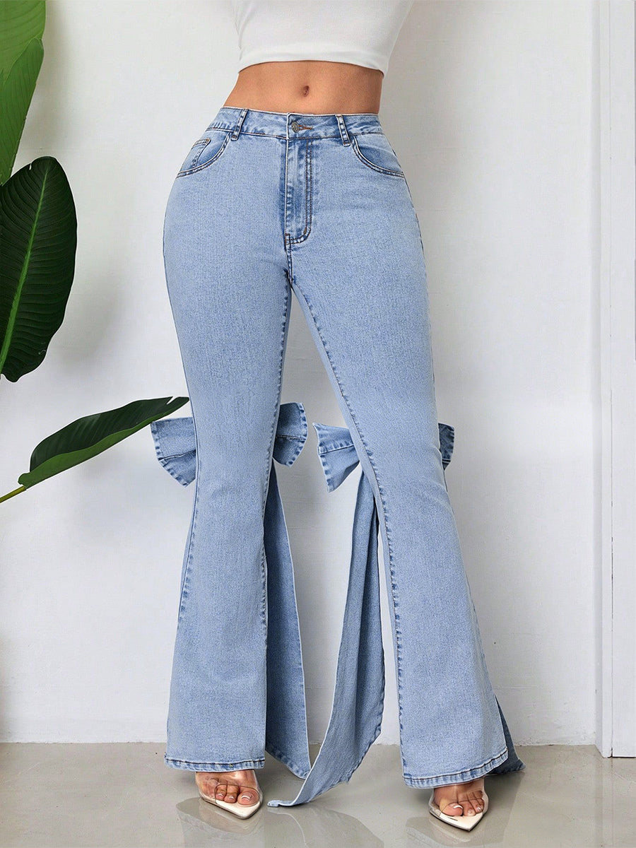 Bow Knot Flare Jeans For Women - Blue Trendy Wide Leg Denim Bottoms - Spring Streetwear 2026