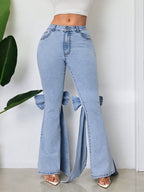Bow Knot Flare Jeans For Women - Blue Trendy Wide Leg Denim Bottoms - Spring Streetwear 2026