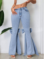 Bow Knot Flare Jeans For Women - Blue Trendy Wide Leg Denim Bottoms - Spring Streetwear 2026