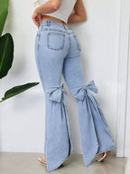 Bow Knot Flare Jeans For Women - Blue Trendy Wide Leg Denim Bottoms - Spring Streetwear 2026