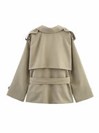 Short Trench Coat For Women - Khaki Chic Tie Waist Double Breasted Cropped Windbreaker - Spring Office Casual Outerwear 2026