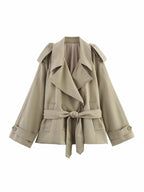 Short Trench Coat For Women - Khaki Chic Tie Waist Double Breasted Cropped Windbreaker - Spring Office Casual Outerwear 2026