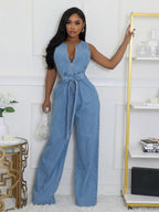 Zip Up Washed Denim Jumpsuit For Women - Light Blue Casual Belted Wide Leg One Piece - Summer Casual Streetwear 2026