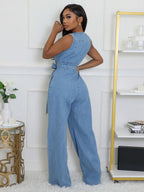 Zip Up Washed Denim Jumpsuit For Women - Light Blue Casual Belted Wide Leg One Piece - Summer Casual Streetwear 2026