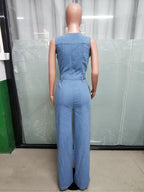 Zip Up Washed Denim Jumpsuit For Women - Light Blue Casual Belted Wide Leg One Piece - Summer Casual Streetwear 2026