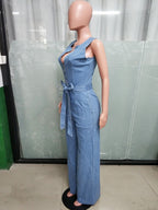 Zip Up Washed Denim Jumpsuit For Women - Light Blue Casual Belted Wide Leg One Piece - Summer Casual Streetwear 2026