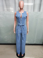 Zip Up Washed Denim Jumpsuit For Women - Light Blue Casual Belted Wide Leg One Piece - Summer Casual Streetwear 2026