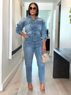 Long Sleeve Denim Jumpsuit For Women - Washed Blue Utility Elastic Waist Pencil Overalls - Spring Daily Streetwear 2026
