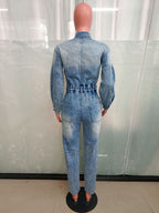 Long Sleeve Denim Jumpsuit For Women - Washed Blue Utility Elastic Waist Pencil Overalls - Spring Daily Streetwear 2026