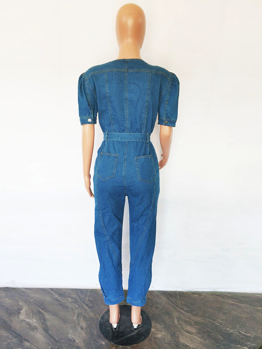 Medium Blue Washed Denim Jumpsuit For Women - Retro Puff Sleeve Belted Zip Front Bodycon Romper - Summer Chic Streetwear 2026