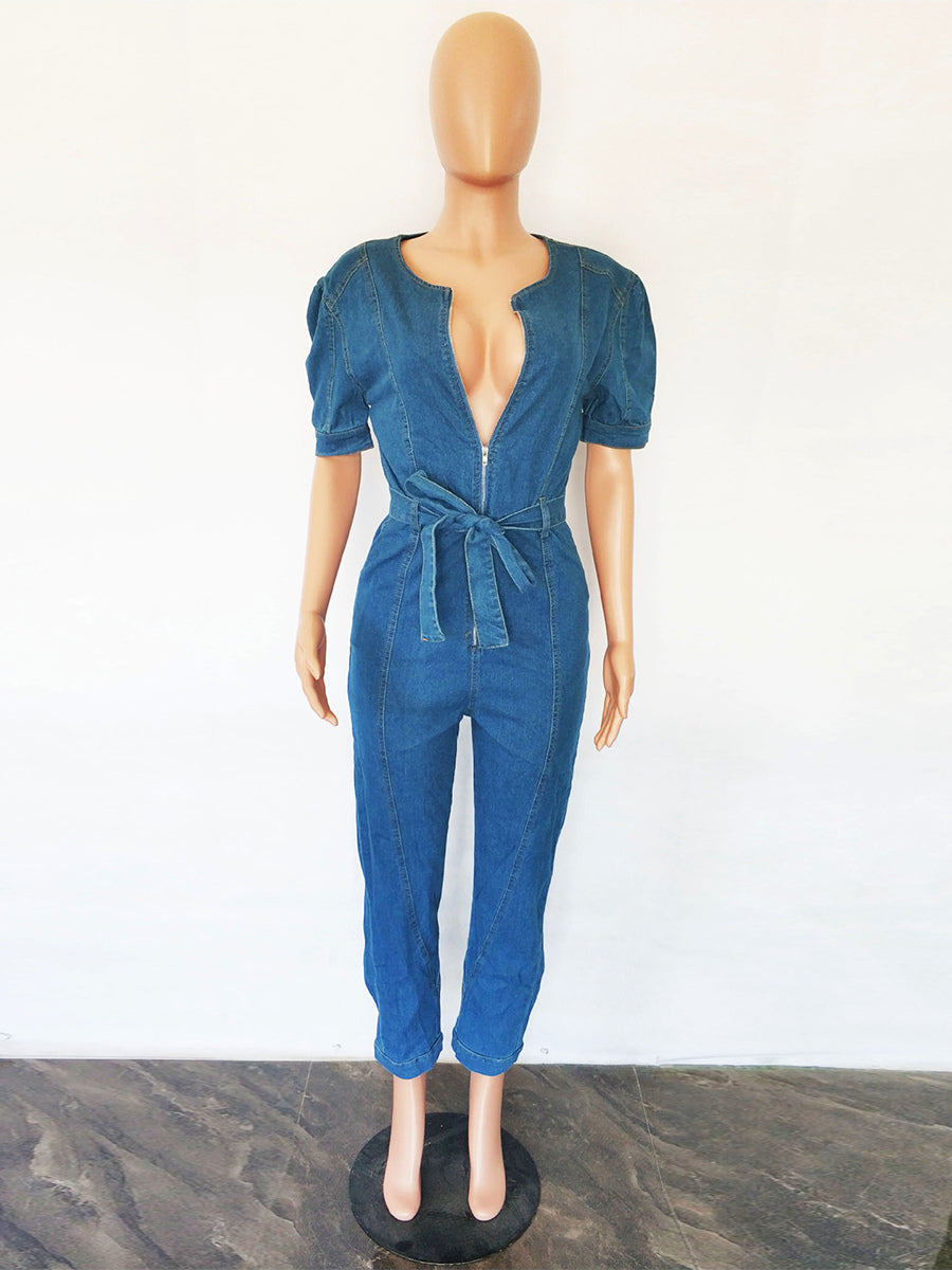 Medium Blue Washed Denim Jumpsuit For Women - Retro Puff Sleeve Belted Zip Front Bodycon Romper - Summer Chic Streetwear 2026