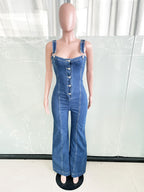 Sexy Denim Overalls For Women - Blue Retro Button Up Wide Leg Flare Jumpsuit - Summer Club Night Out Streetwear 2026