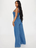Sexy Denim Overalls For Women - Blue Retro Button Up Wide Leg Flare Jumpsuit - Summer Club Night Out Streetwear 2026
