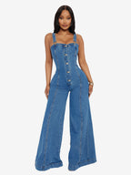 Sexy Denim Overalls For Women - Blue Retro Button Up Wide Leg Flare Jumpsuit - Summer Club Night Out Streetwear 2026