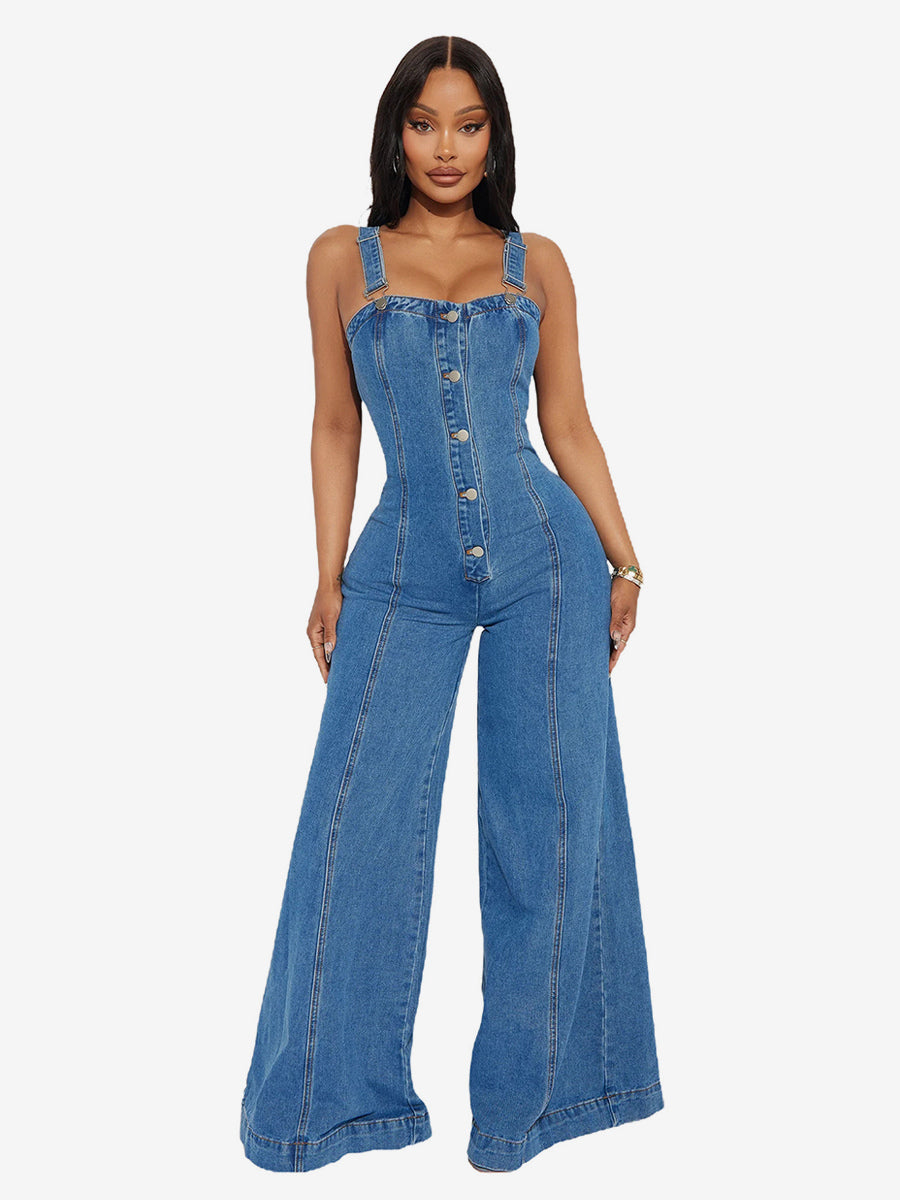 Sexy Denim Overalls For Women - Blue Retro Button Up Wide Leg Flare Jumpsuit - Summer Club Night Out Streetwear 2026