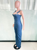 Sexy Denim Overalls For Women - Blue Retro Button Up Wide Leg Flare Jumpsuit - Summer Club Night Out Streetwear 2026
