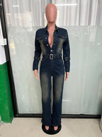 Washed Denim Jumpsuit For Women - Dark Blue Vintage Belted Long Sleeve Cargo Romper - Spring Street Fashion 2026