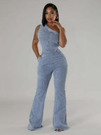 One Shoulder Washed Denim Jumpsuit For Women - Light Blue Y2K Sexy Flared Slim Romper - Summer Night Out Clubwear 2026