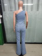 One Shoulder Washed Denim Jumpsuit For Women - Light Blue Y2K Sexy Flared Slim Romper - Summer Night Out Clubwear 2026