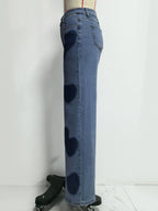 Heart Pattern Wide Leg Jeans For Women - Medium Blue Cute Boho Straight Denim Pants - Spring Date Night Streetwear 2026
