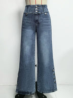 High Waisted Wide Leg Jeans For Women - Medium Blue Vintage Side Button Relaxed Denim Pants - Spring Chic Streetwear 2026