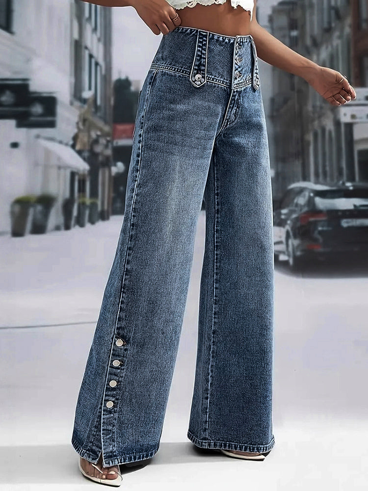 High Waisted Wide Leg Jeans For Women - Medium Blue Vintage Side Button Relaxed Denim Pants - Spring Chic Streetwear 2026
