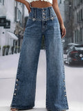 High Waisted Wide Leg Jeans For Women - Medium Blue Vintage Side Button Relaxed Denim Pants - Spring Chic Streetwear 2026