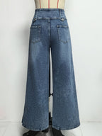 High Waisted Wide Leg Jeans For Women - Medium Blue Vintage Side Button Relaxed Denim Pants - Spring Chic Streetwear 2026