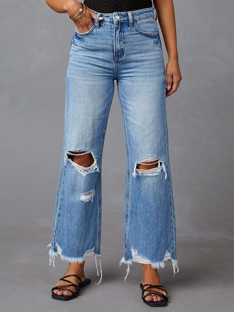 Distressed Wide Leg Jeans For Women - Light Blue High Waist Raw Hem Relaxed Fit Denim Pants - Spring Casual Streetwear 2026