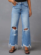 Distressed Wide Leg Jeans For Women - Light Blue High Waist Raw Hem Relaxed Fit Denim Pants - Spring Casual Streetwear 2026