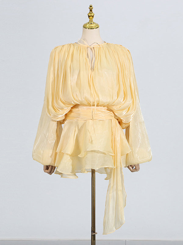 Lantern Sleeve Mini Dress For Women - Pleated Tie Waist Fit Flare - Spring Party Cocktail Outfit 2026