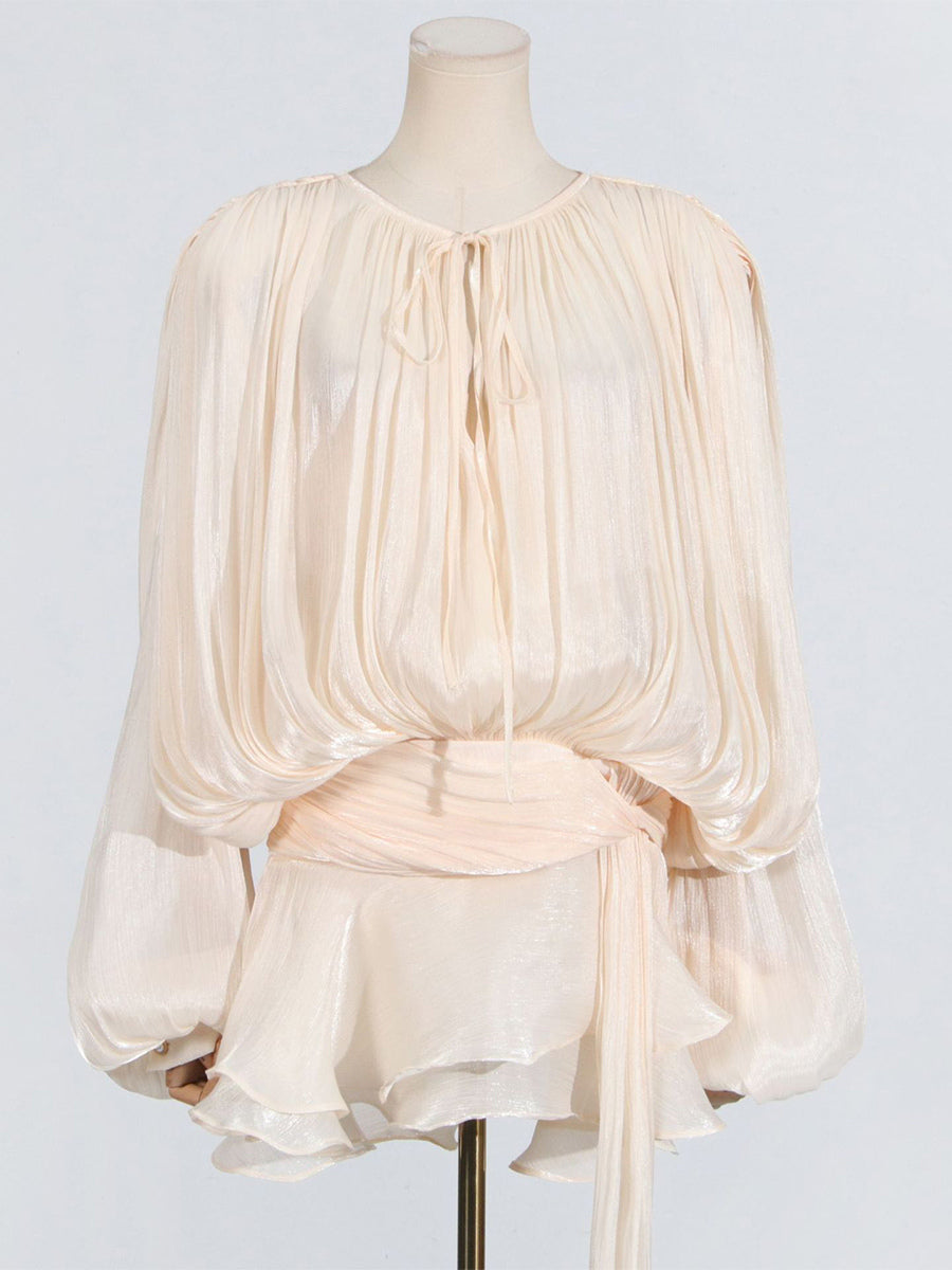 Lantern Sleeve Mini Dress For Women - Pleated Tie Waist Fit Flare - Spring Party Cocktail Outfit 2026